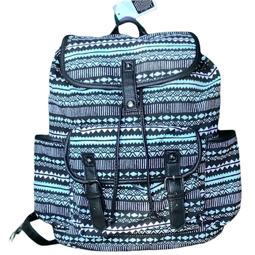 Backpack Mint Green Print Black Trim Side Pockets Drawstring Top New